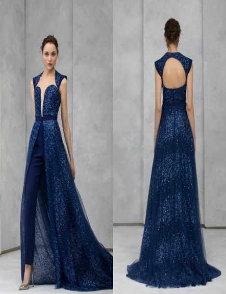 2020 Navy Evening Suit avec une jupe détachable en dentelle à paillette de collier haut de col Robe Tony Ward Formal Party Robes Pantalons Su2967237