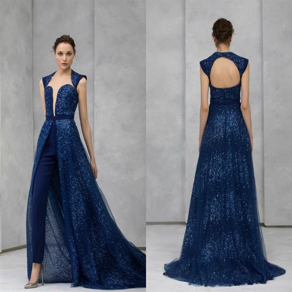 2020 Marine Combinaison De Soirée Avec Jupe Amovible Dentelle Paillettes Perlées Col Haut Robe De Bal Tony Ward Formelle Robes De Soirée Pantalon Su299d