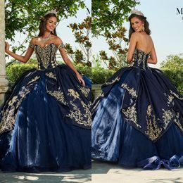 2020 Marine Quinceanera Robes Or Appliques Chérie Princesse Robe De Bal Douce 16 Tulle Princesse Robe De Bal Robe De Soirée305g