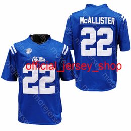 2020 NCAA OLE MISS REBELS Football Jersey College 22 McAllister Blauw All Stitched and Embroidery Size S-3XL