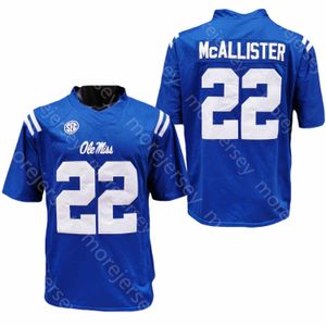 2020 NCAA Ole Miss Rebels Football Jersey College 22 McAllister Bleu Tout Cousu Et Broderie Taille S-3XL