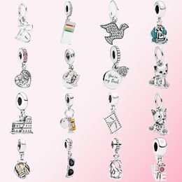 NIEUW 925 SILVER HART BINOCULS HANDER CHARM Sweet Cat hangende charmhangen hangers fit diy