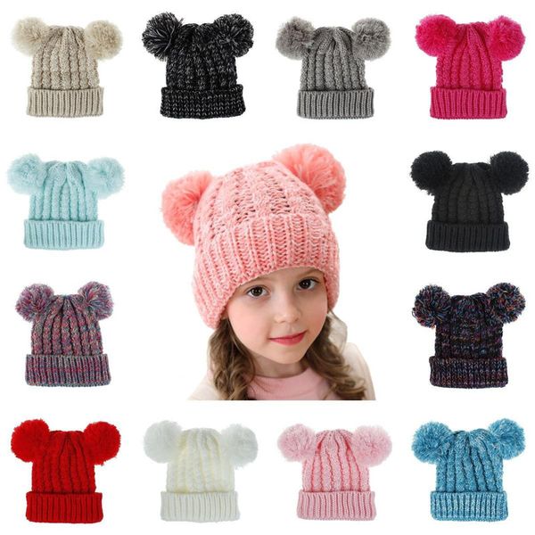 Chapeau tricoté pour enfants de 13 couleurs double boule laine fil casquette enfants automne hiver garder au chaud casquettes chapeaux de fête T9I00676