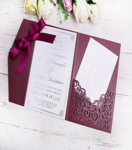 2020 Nieuwe 3 -vouwen bruiloft Bourgundy Invitations -kaarten met bordeauxrode linten voor bruiloft bruidsdouche verloving Verjaardag Graduation5753641