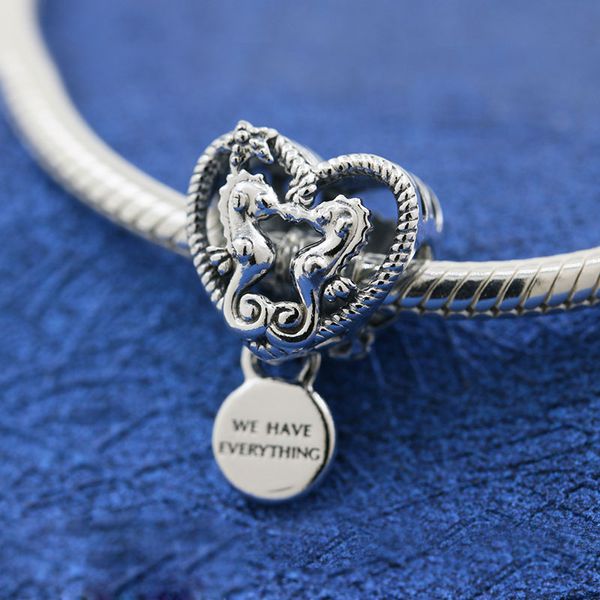 100% Sólido 925 Plata Esterlina Colección de Verano Calado Caballitos de Mar Corazón Charm Bead Se adapta a las pulseras europeas del encanto de la joyería de Pandora