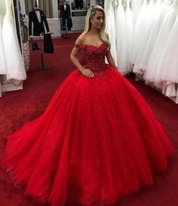 2020 Nieuwe Afrikaanse Bling Quinceanera Baljurk Jurken Off-Shoulder Kralen Kristal Sweet 16 Tule Gezwollen Plus Size Party Prom avond5842504