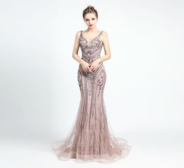 2020 Nouveau arabe sexy col en V sirène robes de bal satin perlé dentelle robe de soirée tenue de soirée robe de soirée dos nu manches3485604