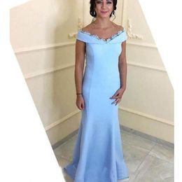 2020 Nuevo árabe cielo azul fuera del hombro vestidos de noche sirena encaje satén trompeta mujeres vestidos de fiesta formales vestido de madre de novia 328 328