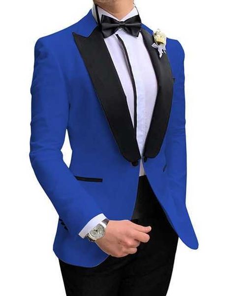 2020 Nouvelle arrivée 2 pièces Royal Blue Hommes Costumes Prom Tuxedos Groom Blazer Slim Fit Dîner Costumes pour mariage Blazer + Pantalon + Bow X0909