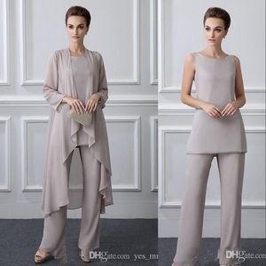 Nieuwe vintage grijze chiffon moeder off bruid jurken broek pakken juweeltje plus size drie stukken bruiloft gast speciale gelegenheid avondjurken