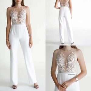 2020 Nieuwe aankomst Mermaid jumpsuit avondbroek mouwloos kanten satijn formele pant pantel lengte applique juweel lijn kralen feestjurken 0508