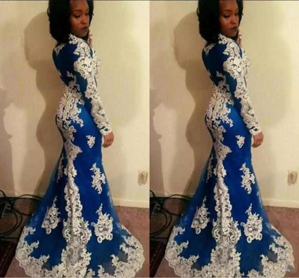 2020 Neue Ankunft Königsblau Ballkleider Weiße Spitze Applikationen Meerjungfrau Illusion Plus Size Afrikanisches Schwarzes Mädchen Abendkleid Tragen Partykleider