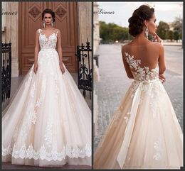 2020 Nieuwe Collectie Sexy A-Lijn Trouwjurk Jewel Kant Applicaties Tule Romantische Robe de Mariage Vestido de Noiva Sheer Backless Bruid Jurken