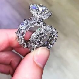 2020 Nouvelle Arrivée Top Vente Bijoux De Luxe En Argent Sterling 925 Grande Coupe Ronde Topaze Blanche CZ Diamant Couple Anneaux Femmes De Mariage Bri215a