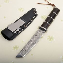 2020 Nieuwe Collectie VG10 Damascus Steel Tanto Point Blade Ebony Handle Survival Rechte Messen met Kydex