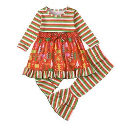 2020 Nieuwe Herfst Winter Kerst Baby Meisjes Suits Streep Meisjes Outfits Lange Mouw Jurk Shirt + Flared Broek 2pcs / Set Girls Clothes