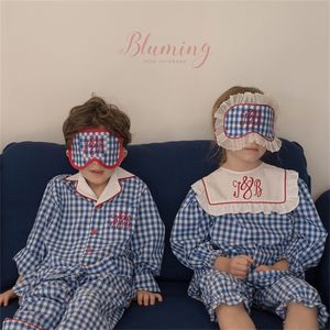 Autumn Winter Korea Brand 3 PCS Kids Pyjama Sets voor babyjongens Blue Plaid Sleepwear Kindmeisjes Leuke huiskleding LJ201216