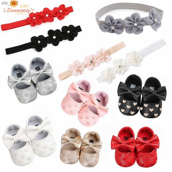 ¡Novedad de 2020! Conjunto de zapatos y diadema para bautismo de bebé, bonitos zapatos de vestir de princesa con corazón y diadema de flores para niñas recién nacidas L230518
