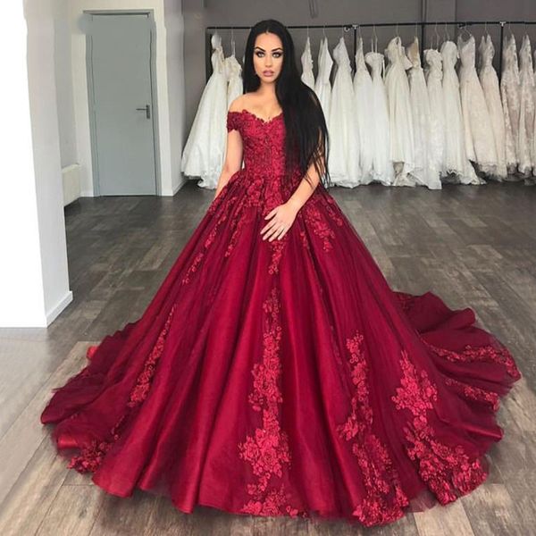 2020 nuevo vestido de baile vestidos de novia de color burdeos fuera del hombro encaje tul árabe novia rojo oscuro princesa vestidos de novia hechos a medida