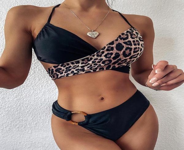 2020 nuevo traje de baño Bikinis de cintura alta negro rojo leopardo Top traje de baño mujeres Sexy Bikini conjunto traje de baño 1692832