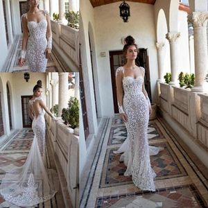 2020 Nieuwe Berta Trouwjurken Mermaid Sweetheart Lange mouwen Lace Appliqued Pearls Sweep Train Wedding Bridal Jurk Custom Made306X