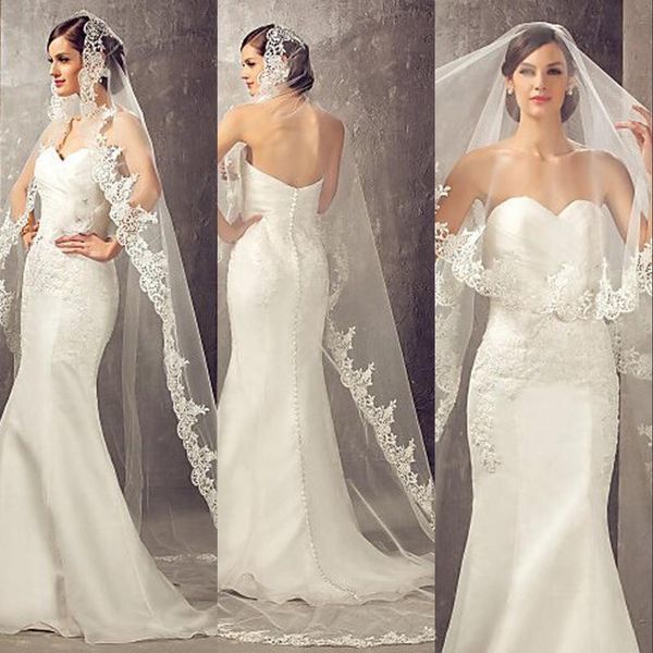 2021 Image réelle Vente 3 mètres Voiles de mariée Accessoires de cheveux de mariage Blanc Ivoire Longue dentelle Appliques Tulle Cathédrale Longueur Église Voile