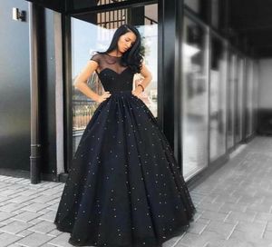 2020 nouvelles robes de soirée noires pure chérie cou manches courtes tulle longueur de plancher perles une ligne robe robes de bal de fête 14981074678
