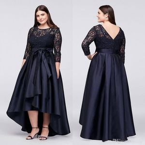 2020 NIEUWE BLACK PLUS SIZE Moeder van Bruid Jurken Illusion Juweel Kant Applicaties Lange Mouwen V Back High Low Sash Bruiloft Gastenjurken Avond