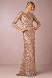 2020 Nouveau Bling Rose Or Paillettes Mère De La Mariée Robes Jewel Neck Dentelle Appliques Longue Robe De Soirée De Soirée Formelle Invité De Mariage Robes