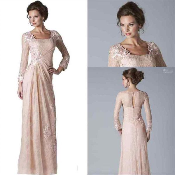 2020 Nuevo Blush Pink Lace Madre de la novia Vestidos de manga larga Apliques Hasta el suelo Vestido formal para madre Vestidos de noche Barato C253f