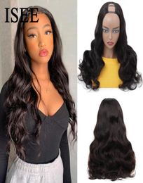 2020 Nuevas pelucas con parte en U Body Wave para mujeres Pelucas de cabello humano con ondas corporales peruanas 150 Densidad ISEE HAIR Pelucas en forma de U media sin pegamento 2758519