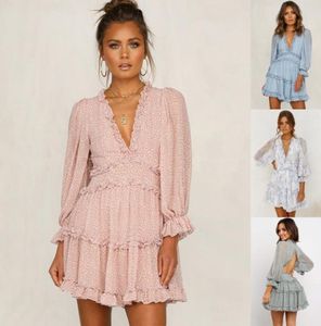 2020 New Boho Floral Mini Robe Sexy Sexy Backless Murchon Beach Robe Long Mancheve Aline Ruffle Party Summer Pink Sundeses5270606