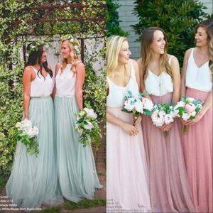 2020 Nieuwe Boho Lange Zachte Tule Rokken Kant Top Bruidsmeisjes Jurken V-hals Een lijn Land Goedkope Maid of Honor Mint Party Prom Toga 4619