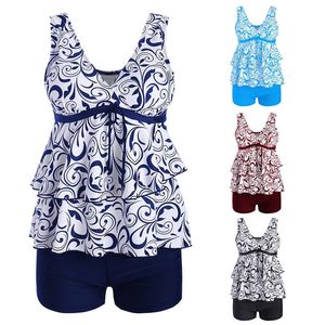 2020 NIEUWE BOXER ROK LOOT MATEREN 5XL TWEE PLAATS SWIMSuit Dames Print Vintage Plus Size XXXL Swimwear Gestroomde ruches Badpak T200708