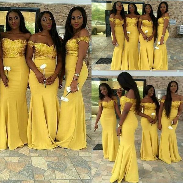 2020 Nuevos vestidos de dama de honor de encaje amarillo con encanto Mangas casquillo Sirena Satén Longitud del piso Vestidos de dama de honor formales modestos 4643