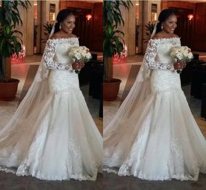 2020 Nouveau pas cher arabe sirène robes de mariée épaule illusion manches longues perles cristal plus la taille balayage train robes de mariée formelles