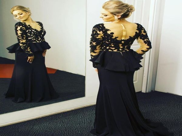 2020 NUEVO CARATE NEGRO NEGRO DE LOS Vestidos de la novia Ilusión Ilusión de mangas largas Apliques Peplum Peplum Party Vestido Evening5087433