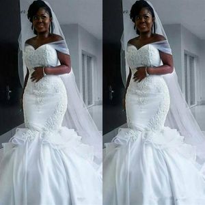 2020 Nieuwe Goedkope Zuid-Afrikaanse Plus Size Zeemeermin Trouwjurken Off Shoulder Kant Applicaties Kralen Arabisch Sweep Trein Formele Bridal160I