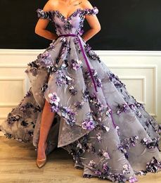 Abendkleider 2020 violet flore dentelle haut bas robes de bal Appliques assez longues robes de bal hors de l'épaule robes formelles