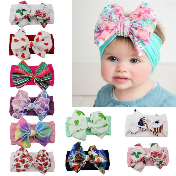 2020 NUEVOS Niños bowknot Diadema Linda hermosa niña Banda para el cabello floral con lazos grandes Vestidos para el cabello estilo bohemio Banda elástica de nylon suave