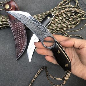 Hoge kwaliteit Damascus vaste mes VG10 DAMASCUS Steel Blade Volledige Tang Ebony Handvat Tactische Klauwmessen met leren schede