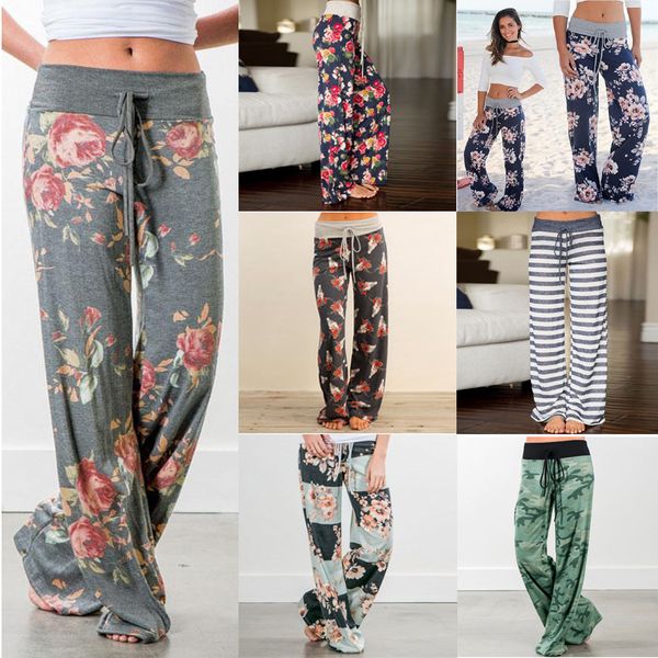 Nouveau design femmes décontracté plage maison pantalons de couchage rayures florales imprimé camouflage taille élastique ample jambe large pantalon long S-3XL