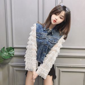 Nuevo diseño de mujer lindo cuello vuelto encaje patchwork manga larga denim jeans abrigo corto casacos chaqueta