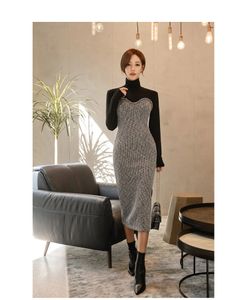 Nouveau design femmes mode coréenne col roulé couleur bloc faux 2 pièces tricoté moulante vent jag midi longue robe SMLXL