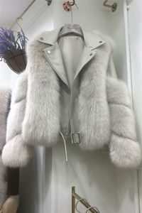 Nouveau design femmes en cuir PU patchwork col rabattu à manches longues fausse fourrure de renard veste courte manteau casacos