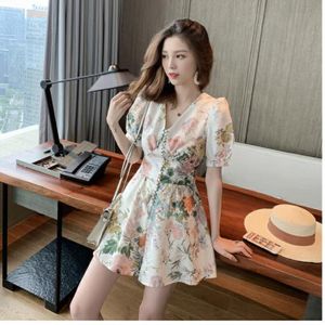 Nieuw design vrouwen V-hals korte mouwen print bloemen hoge taille slanke taille wijde pijpen shorts jumpsuit rompertjes SMLXL