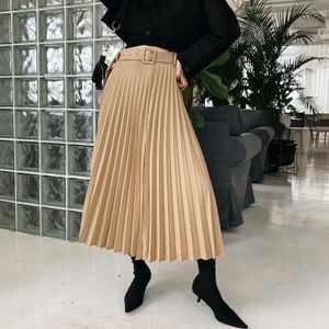 Nieuw design dames met riem sjerpen a-lijn geplooide maxi lange rok plus maat XS S M L effen kleur rok
