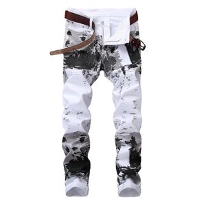 White Print Men's Jeans Summer Slim-Fit Stretch Pants Pantalones Para Hombre Vaqueros