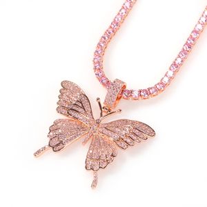 2020 nouvelle mode rose couleur diamant glacé cubique zircone pierres rempli papillon pendentif or argent hommes Hip Hop bijoux
