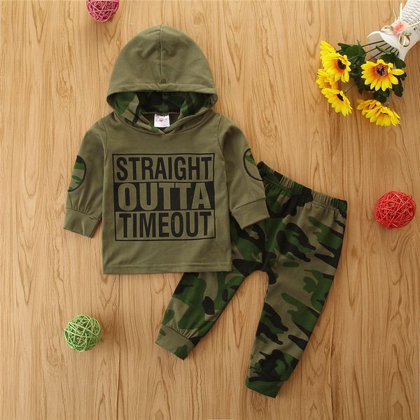 Nuevo conjunto de moda para recién nacido, bebé, niño, letra, Sudadera con capucha, camiseta, Tops + pantalones de camuflaje, conjunto de trajes de otoño de dos piezas